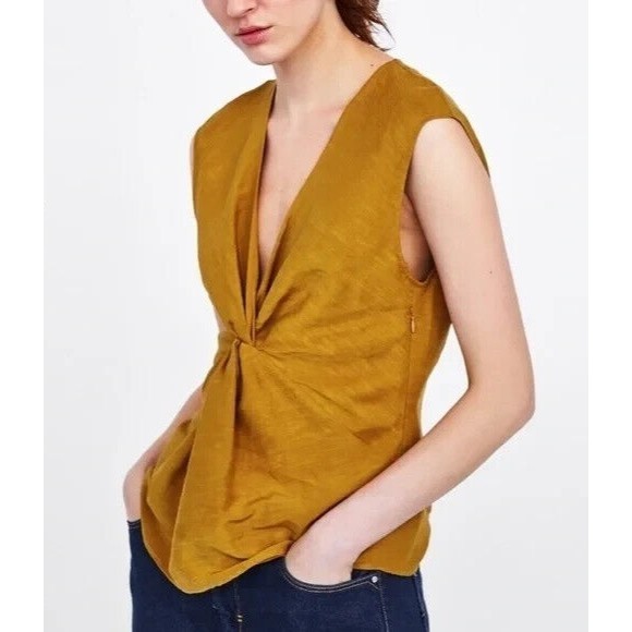 Zara Woman Sz 5 Knotted V-Neck Top Mustard Yellow Sleeveless Linen Cotton Blend - Picture 2 of 16
